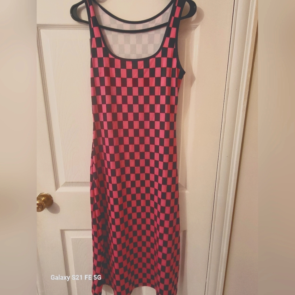 SHEIN Pink and Black Checkered Midi Dress